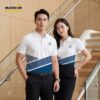 Áo thun đồng phục màu trắng phối xanh dương và xám