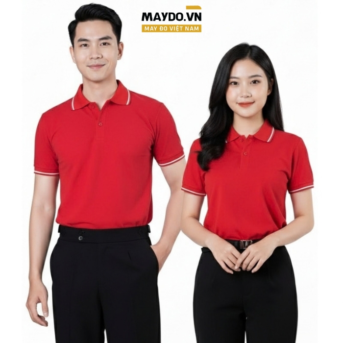 Áo thun đồng phục màu đỏ tươi phối viền trắng Áo thun đồng phục màu đỏ tươi phối viền trắng