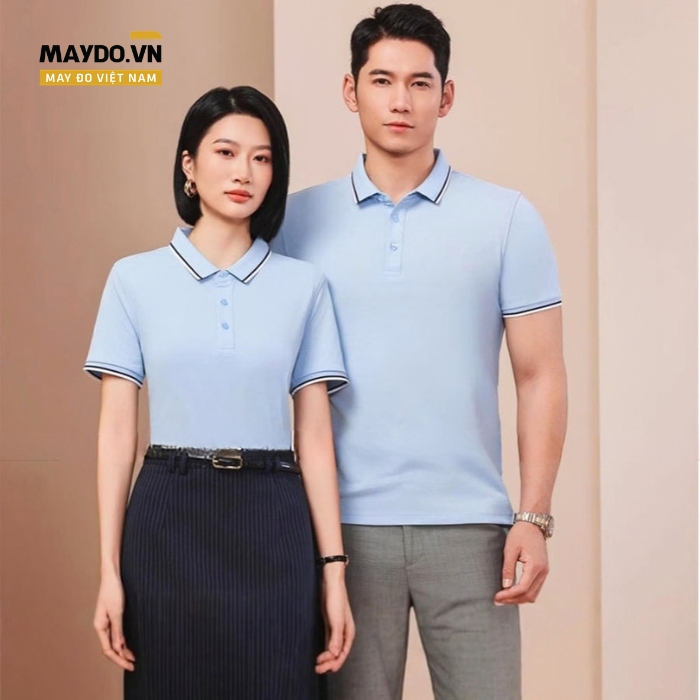 Áo thun đồng phục màu xanh da trời nhạt phối viền xanh navy đậm và trắng