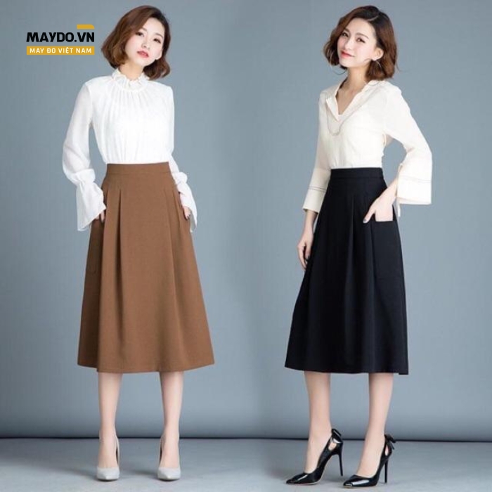 Mẫu chân váy xòe công sở thanh lịch phối áo sơ mi