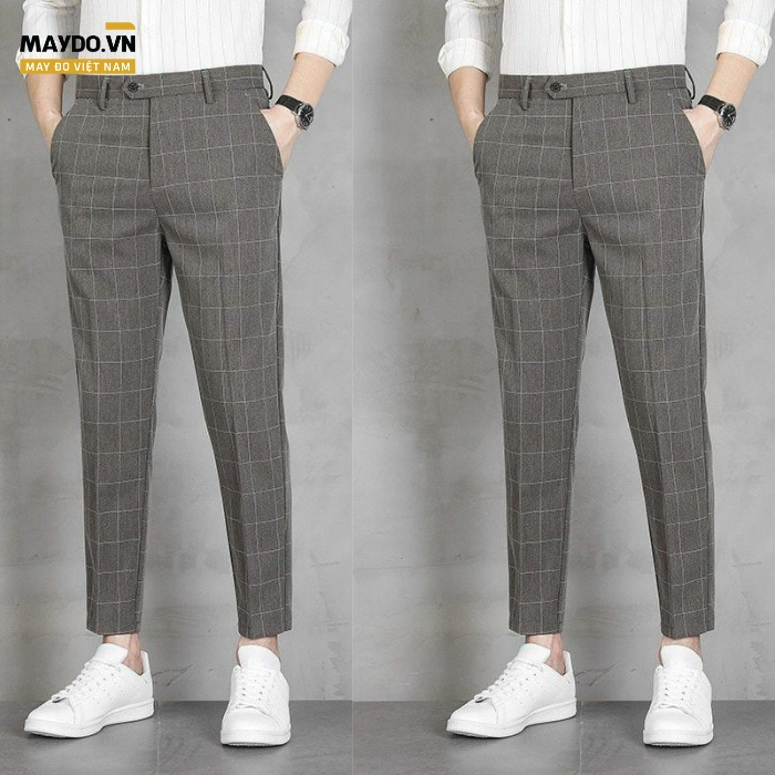 Mẫu quần tây nam công sở họa tiết kẻ caro xám