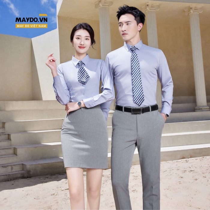 Set đồng phục sơ mi công sở nam nữ màu xanh ghi nhạt